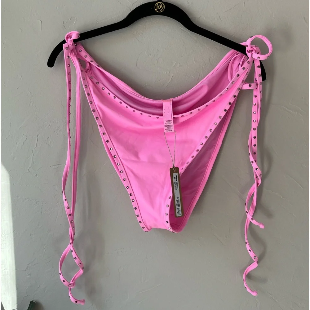 🌸SKIMS RHINESTONE SWIM BIKINI TIE BOTTOMS IN LIGHT PINK 4X
